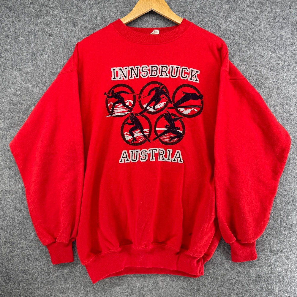 Vintage Sweatshirt Mens L Red Innsbruck Austria Winter Sports Graphic Pullover